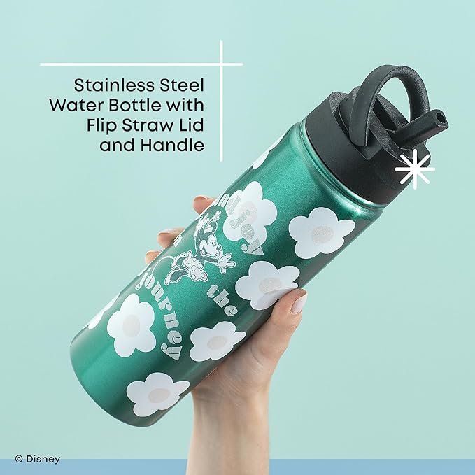 JoyJolt Disney Retro Vintage Stainless Steel Water Bottle ft Minnie Mouse, Reusable 22oz Vacuum Insulated Water Bottle Tumbler with Leak Proof Flip Straw Lid and Handle, Lead & BPA Free