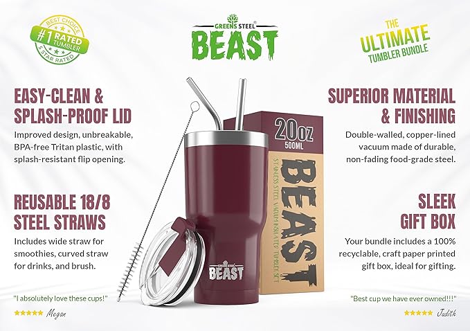 Beast 20 oz Tumbler Stainless Steel Vacuum Insulated Coffee Ice Cup Double Wall Travel Flask (Cranberry Red)