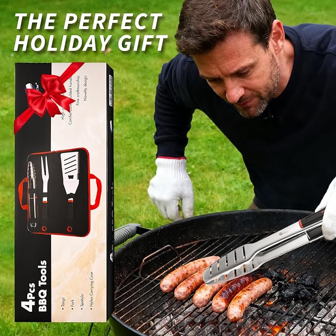 BBQ Tools Set, Heavy Duty Stainless Steel Spatula, Fork & Tongs with Portable Bag, Essential Accessories for Barbecue Outdoor Grill, Grilling Gifts for Men Dad Camp Chef