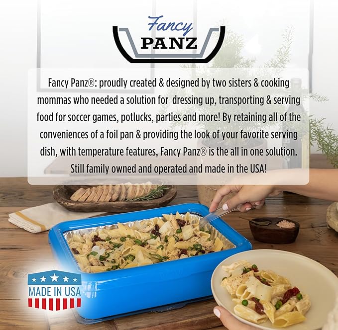 Fancy Panz - Blue Marble Premium Aluminum Foil Pan Carrier with Lid & Hot/Cold Pack - Elevated Food Serving Tray - Portable Casserole Carrier with Lid - Made in the USA Hosting Essentials
