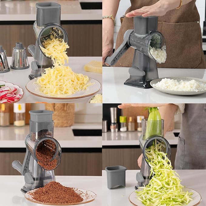 Cheese Grater,Rotary Cheese Grater with Handle, Multifunctional Rotary Cheese Shredder Effortlessly Grates Cheese, Vegetables, and Fruits (Gray)