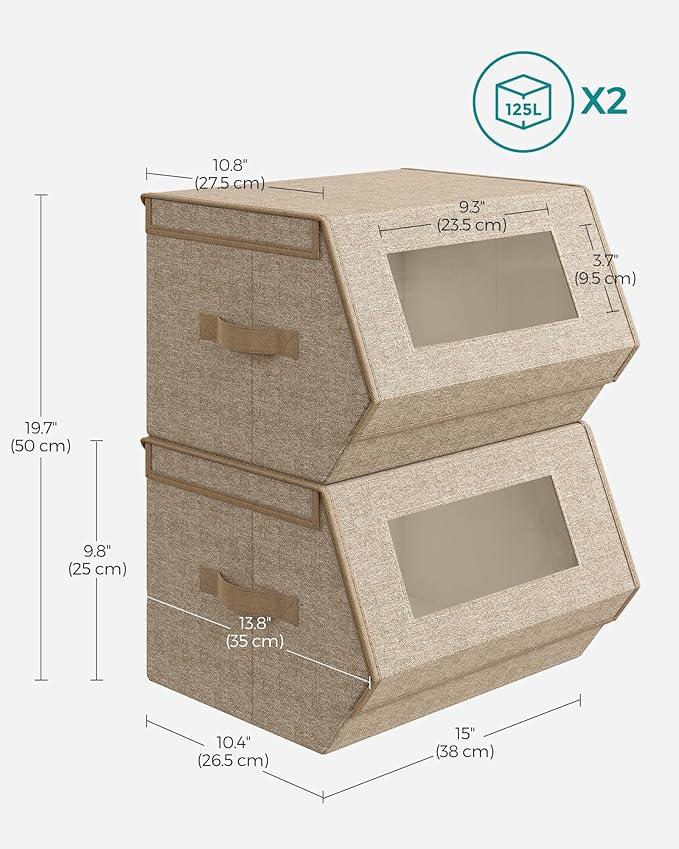 SONGMICS Stackable Storage Bins Set of 2, Storage Boxes with Lids and Front Windows, Non-Woven Fabric Closet Organizers with Magnetic Closures, Side Handles, Sand Beige URLB002Y01