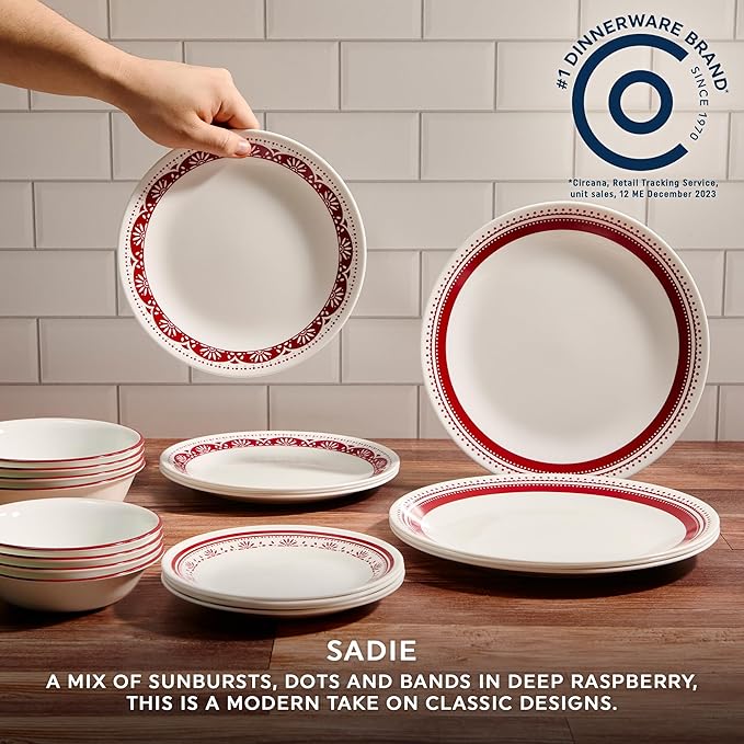 Corelle Everyday 18-PC Dinnerware Set Service for 6, Durable and Eco-Friendly, Higher Rim Glass Plate & Bowl Set, Microwave and Dishwasher Safe, Sadie