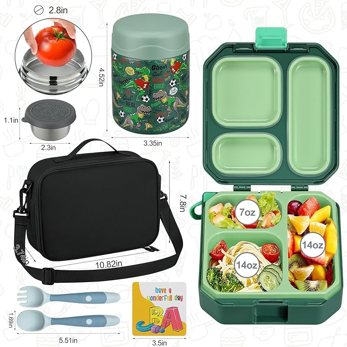 Bento Lunch Box for Kids with 12oz Soup Thermo Leak-Proof Lunch Food Container with 5 Compartment Thermo Hot Food Jar and Insulated Lunch Bag for Kid Toddler Girls Boys to School