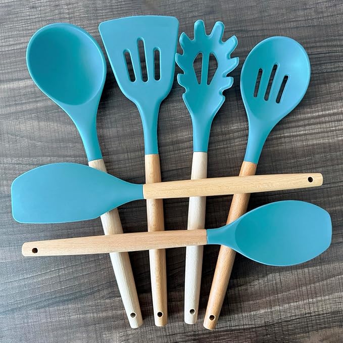 Kitchen Utensils Set 6-Piece Non-Stick Silicone Cooking Utensils Set, Wood Handle Heat Resistant Spatula Spoon Turner Ladle Pasta Server Cooking Kitchen Gadgets BPA Free for Nonstick Cookware