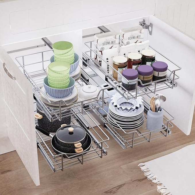 Pull Out Cabinet Organizer 11" W X 22" D, Slide Out Drawers For kitchen organizers and storage, Pull Out Drawers For Cabinets Capacity Heavy Duty Caddy, Cabinet Shelves Chrome-Plated, Bathroom Pantry