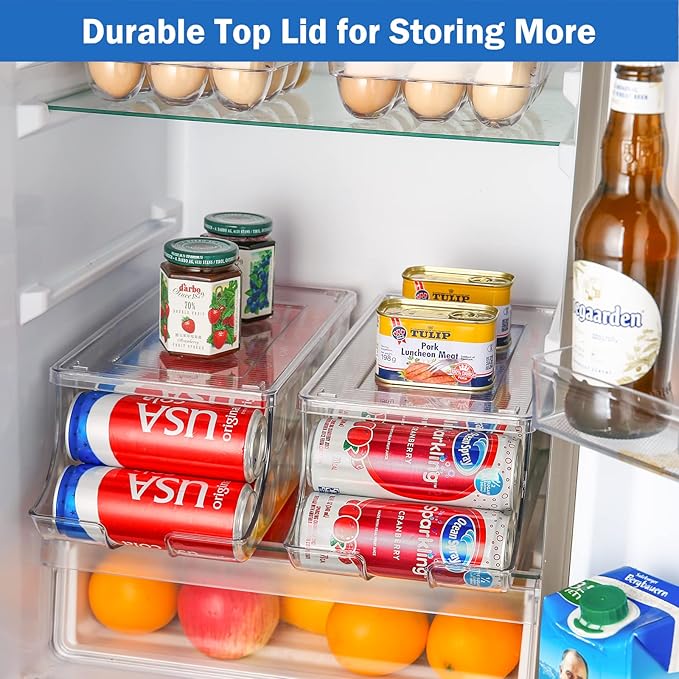 Puricon 2 Pack Soda Can Organizer Dispenser for Refrigerator, Plastic Canned Food Pop Beverage Container Holder Storage Bin with Lid for Freezer Rack Pantry Cabinet Cupboard Kitchen -Skinny