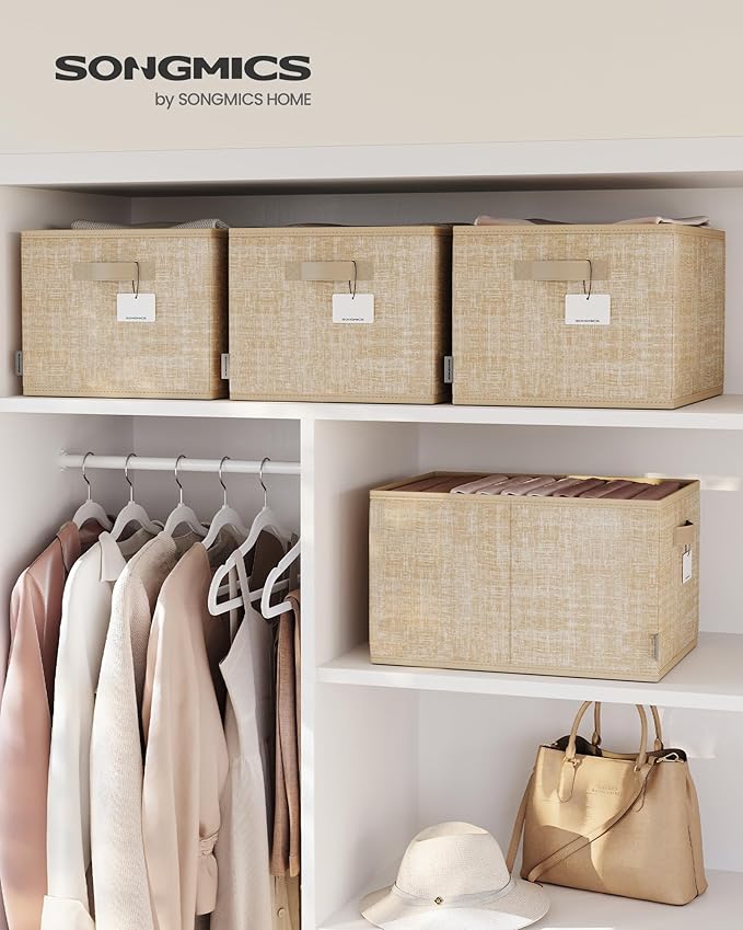 SONGMICS Storage Cubes, 15.7 x 11.8 x 9.5 Inches Non-Woven Fabric Bins with Double Handles, Set of 3, Closet Organizers for Shelves, Foldable, for Clothes, Sand Beige UROB440K01