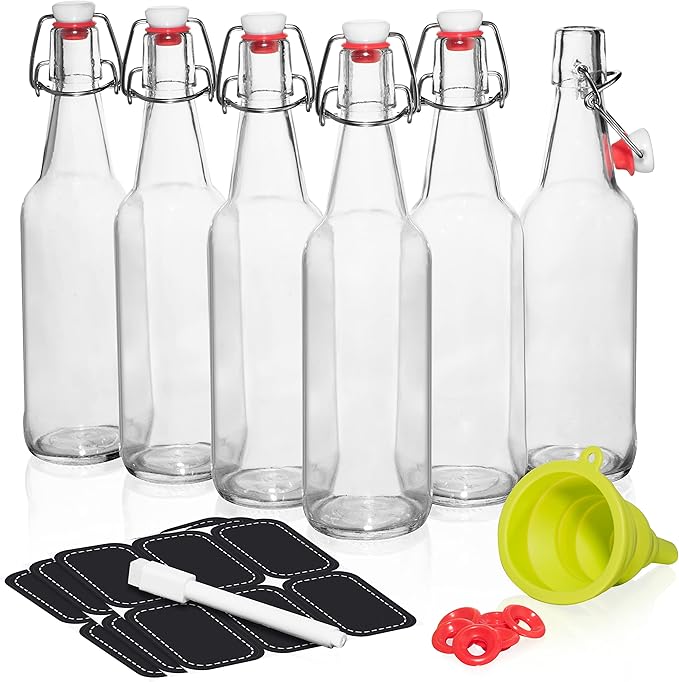 WILLDAN Set of 6-16oz Swing Top Glass Bottles - Flip Top Brewing Bottles For Kombucha, Kefir, Vanilla Extract, Beer - Airtight Caps and Leak Proof Lids, Bonus Gaskets and Funnel