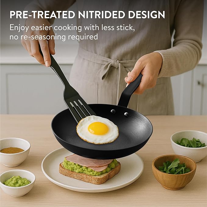 Navaris Nitrided Cast Iron Skillet Pan - Pre-Seasoned Lightweight Non Toxic Frying Pans - Dishwasher Safe Ovenproof No Re-Season Cast Iron Skillets - Dishwasher Safe - 9.8"(25cm)