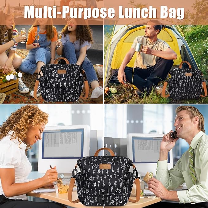 Joymee Lunch Bag Women Insulated Lunch Box Reusable Leakproof Large Spacious Cooler Tote for Women Men Adult with Bottle Holder and Side Pockets for Work Office Travel Picnic -08 White Little Flower