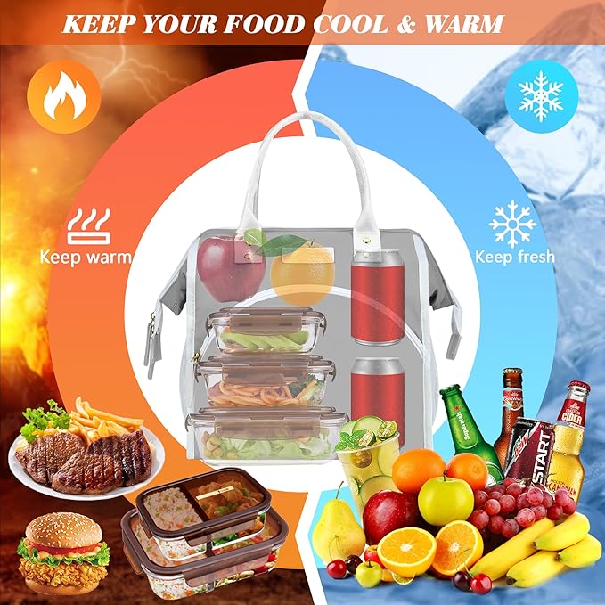 LOKASS Lunch Bag Women Insulated Lunch Box Wide-Open Lunch Tote Bag Large Waterproof Cooler Bag for Work Picnic Hiking Beach（Gray）