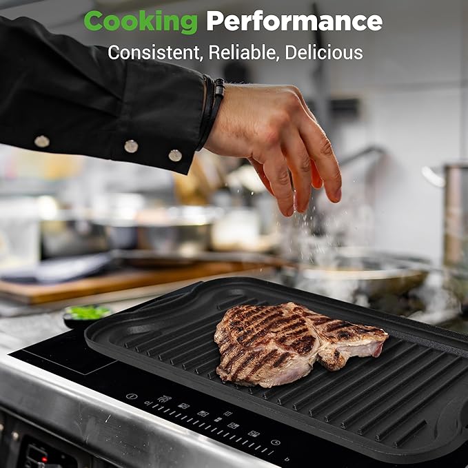 NutriChef 20"x10" Reversible Cast Iron Griddle Pan – Flat & Grill Sides, Pre-Seasoned, Oven Safe, Extra-Wide, PFOA & PFOS Free, for Gas, Electric, or Outdoor Cooking