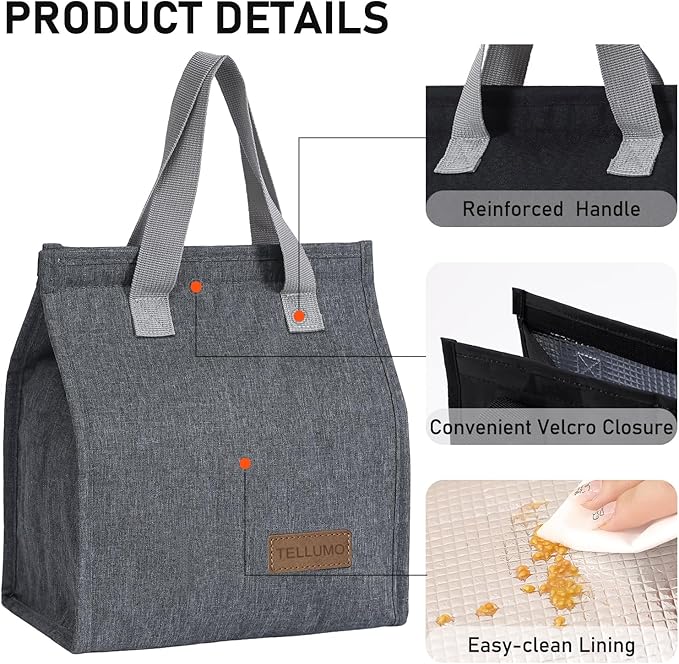 TELLUMO Lunch bag, Insulated Lunch Bag for Women Men Large Lunch Box Container Reusable Leakproof Tote for Office, Work, School, Beach or Travel (Grey)