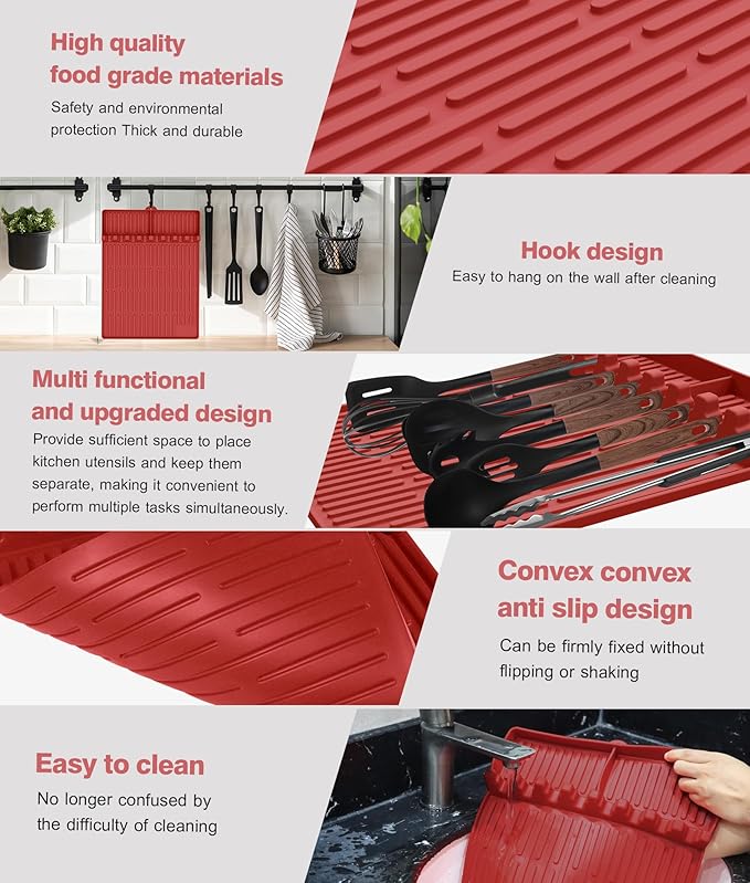 Silicone Griddle Tools Mat for Blackstone - Large Silicone Spatula Mat with Drip Pad - Griddle Mats BBQ Grill Accessories - Side Shelf Mats Grill Pad for Blackstone Griddles Accessories (red)