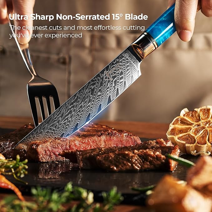 SENKEN Damascus Steak Knife Set - Tsunami Collection - 67-Layer Japanese VG10 Steel - Razor Sharp Non-Serrated Blades, Blue Resin & Natural Wood Pattern Handles, Luxury Gift Box (8 Steak Knife Set)