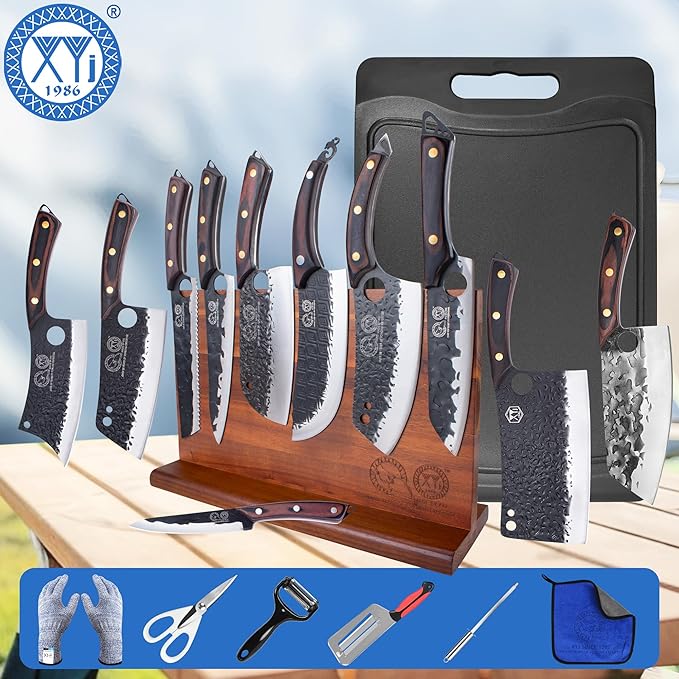 XYJ Kitchen Knife Block Set, High Carbon Steel Blade, Knives Set with Holder, Cutting Board, Sharpener Rod, Scissors, Cut Resistant Gloves, Cleaver, Slicing Chef Knives, Full Tang Pakkawood Handle