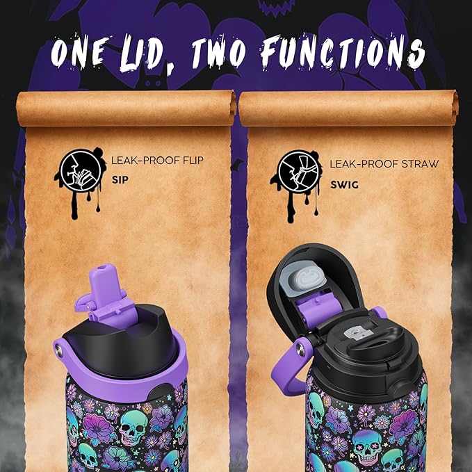 Halloween Insulated Water Bottle with Straw - Stainless Steel Water Bottle with Push Button Lid, Leak-Proof BPA-Free, Keeps Cold for 24 Hours for Halloween gifts, Party (32 oz, Floral Afterlife )