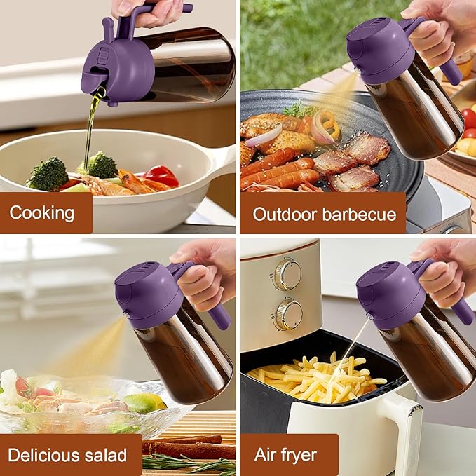 YARRAMATE 16oz/470ml Dark Brown Oil Sprayer for Cooking with Stickers, Food-grade Premium 2 in 1 Olive Oil Dispenser Bottle for Kitchen Gadgets, Air Fryer, Salad, Frying, BBQ (Purple)