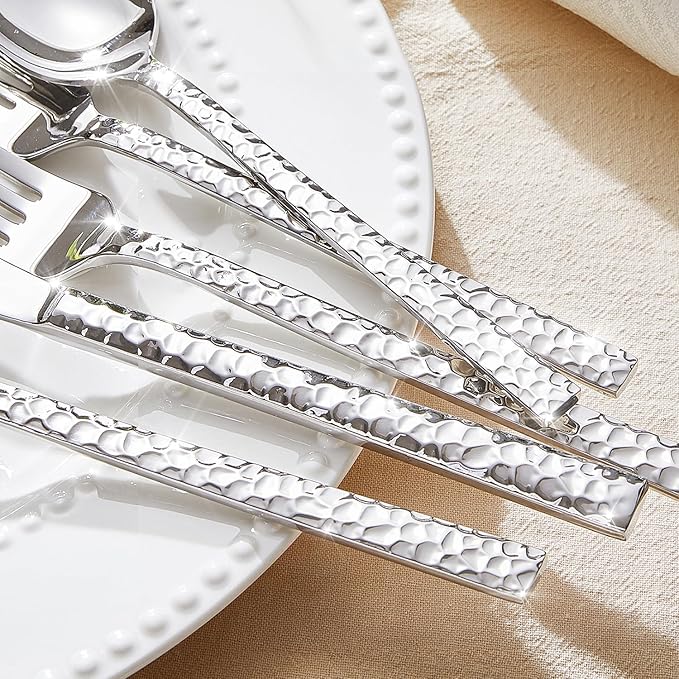 KINGSTONE 48 Piece Silverware Set with Steak Knives, Hammered Silverware Set for 8, 18/10 Stainless Steel Flatware, Cutlery Set for Home, Party, Wedding, Mirror Polished Dishwasher Safe