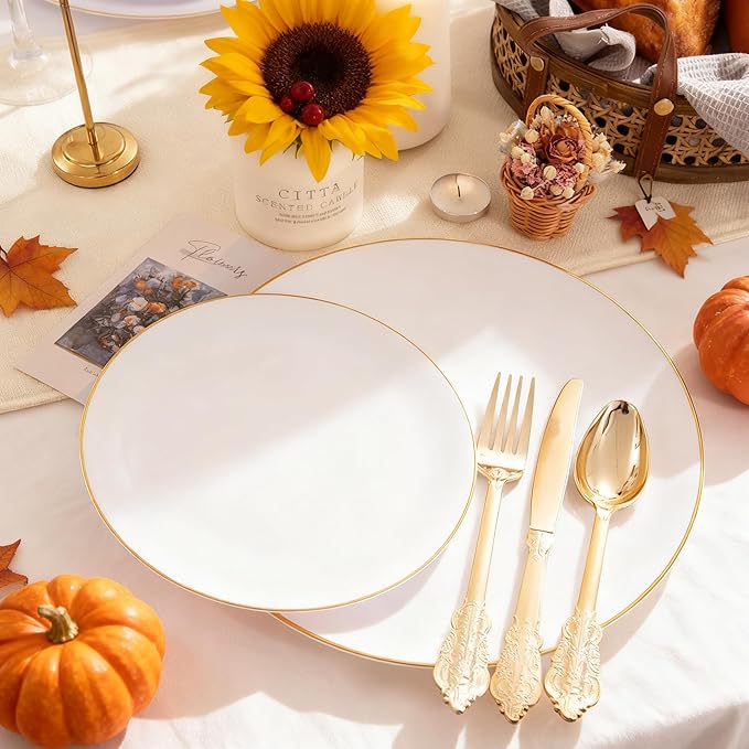 KIRE 100PCS Disposable Plates - White with Gold Rim for Thanksgiving Party/Wedding - Includes 50Pieces 10.25inch Dinner and 50Pieces 7.5inch Dessert/Salad Plates