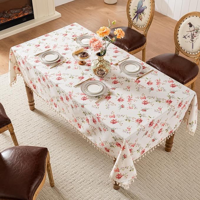 Round Tablecloth Pastoral Style, Waterproof & Stain Resistant Table Cloth Wrinkle Free Table Cover for Dining/Kitchen/Patio, Washable Indoor & Outdoor Use, 55"X55" Red