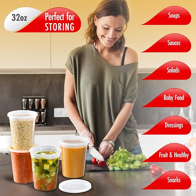 32oz-Deli Containers with Leakproof Lids-50 Pack BPA-Free Plastic Microwaveable Clear Food Storage Container Premium Heavy-Duty Quality, Freezer & Dishwasher Safe