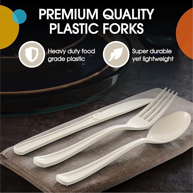 Party Solids Ivory Plastic Silverware Heavy Duty 300 Pieces Ivory Plastic Cutlery Sets, Utensil Sets, 100 Of Each Forks, Knives & Spoons Disposable Cutlery Set, Flatware Set For Party Supplies