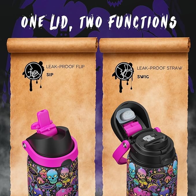 Halloween Insulated Water Bottle with Straw - Stainless Steel Water Bottle with Push Button Lid, Leak-Proof BPA-Free, Keeps Cold for 24 Hours for Halloween gifts, Party (32 oz, Trippy Skulls)