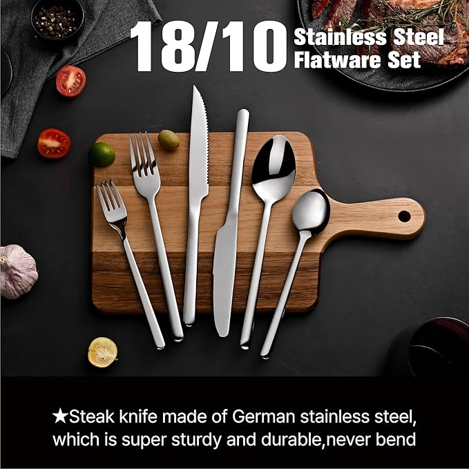 KINGSTONE 24-Piece Silverware Set with Steak Knives, Flatware Set for 4, Stainless Steel Tableware Cutlery Set for Home Restaurant, Mirror Finish,Modern Design