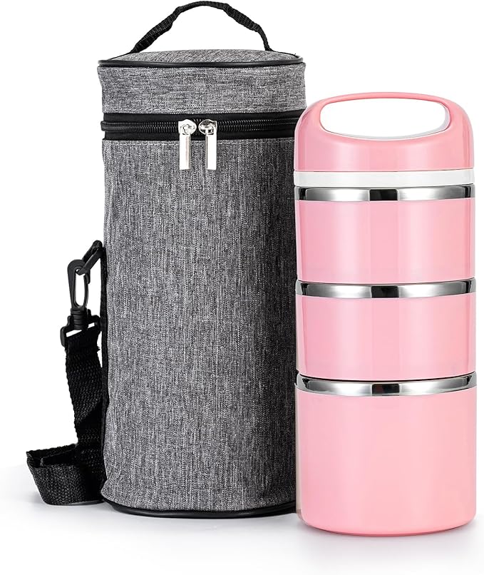 Lille Home Stackable Stainless Steel Lunch Containers, 43OZ Capacity 3 Layers Leakproof Bento Box for Adult, Portable Lunch Box for Women, Man, Travel, Office with Lunch Bag(Pink.Pro)