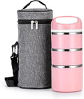Lille Home Stackable Stainless Steel Lunch Containers, 43OZ Capacity 3 Layers Leakproof Bento Box for Adult, Portable Lunch Box for Women, Man, Travel, Office with Lunch Bag(Pink.Pro)