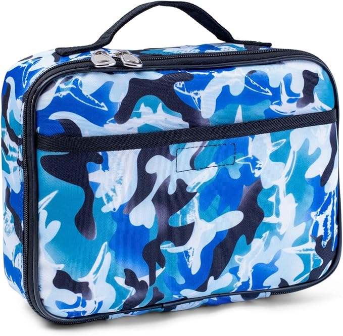 Fenrici Lunch Box for Boys, Kids Insulated Lunch Bag, Soft Sided Compartments, Spacious, BPA Free, Food Safe, 10.8in x 8.5in x 2.8in, Shark, Camo