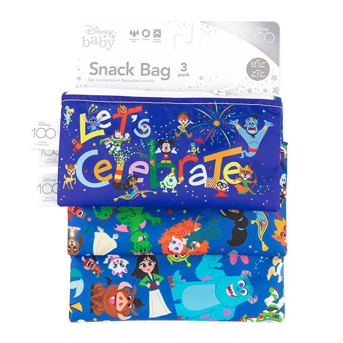 Bumkins - Cloth Snack & Sandwich Bags - For Storage, Travel, Food Prep, Lunch - Reusable, Water Resistant, Dishwasher Safe - Snack Bags for Kids - Zipper Closure - Disney 100 Years Celebration -3 Pack