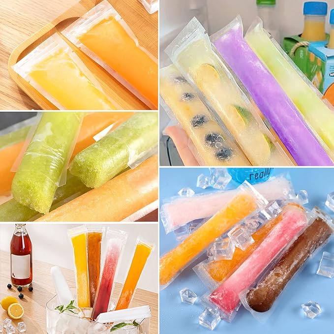 FEBSNOW 200 Disposable Ice Popsicle Bags BPA Free Freezer Tubes With Zip Seals For Snacks,Yogurt Sticks,Juice & Fruit Smoothies,Ice Candy Pops Comes With A Funnel (7.5"x2") (200, Transparent, 7.5"x2")