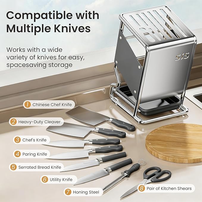 Knife Block Holder without Knives, Universal Kitchen Storage Stand, Safe Space Saver Large Volume Stable Knife Storage With a drip tray at the base Detachable for Easy Cleaning - Grey