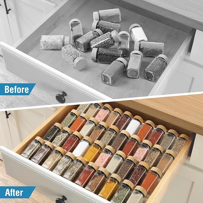 Spice Drawer Organizer 4 Tier, Acrylic Seasoning Organizer Rack, Clear Spice Rack Tray, Kitchen Seasoning Jars Drawers Insert (Jars Not Included/ Expandable From 13" to 26")