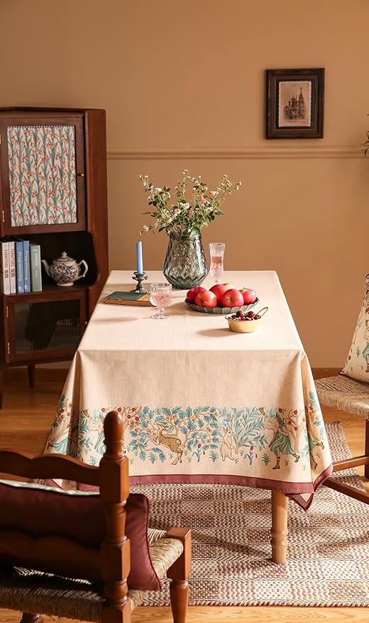 patdrea Designer French Tablecloth for Rectangle Table,Vintage Linen Trees Pattern Beige Tablecloths,Decoration Table Cover for Kitchen Dining Christmas,Thanksgiving,55"x87"-Tatiana D