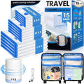 15 Pack Travel Vacuum Storage Bags with USB Electric Pump, Combo Space Saver Vacuum Seal Bags for Clothing Travel Vaccine Sealed Storage Bag for Comforters Blankets Clothes Suitcase, Clear