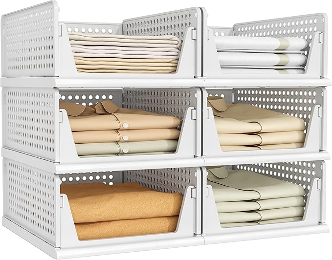 Pinkpum 6 Pack Closet Organizers Storage Box, Stackable Plastic Drawer Basket for Clothing, Stackable Storage Bins Shelf Storage Container for Closet Wardrobe Bedroom Bathroom Office White