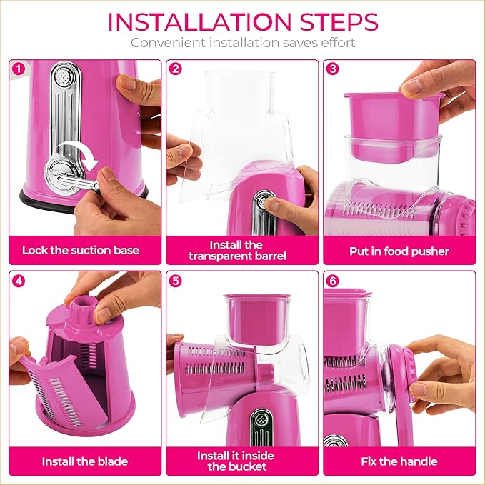 SUSTEAS Rotary Cheese Grater with Handle - Vegetable Shredder with 5 Well-designed Blades & Strong Suction Base,Round Mandoline Slicer & Food Chopper for Kitchen,with Blade Storage Box(Pink)