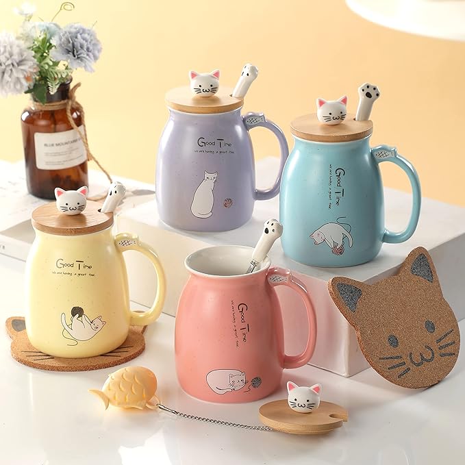 BigNoseDeer Tea Cup With Infuser and Lid Ceramic Coffee Mug Kawaii Cat Mug Cute Mugs Tea Mug Cute Cool Preppy Stuff Cat Gifts Birthday Gifts Cute Gifts for Women Girls(13oz)