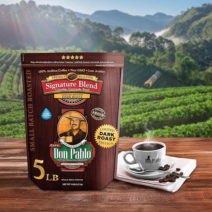 Don Pablo Signature Blend - Limited Edition Dark Roast Gourmet Coffee, 100% Arabica Whole Bean, Non-GMO, Low Acidity, 5 Pound (5 lb) Bag