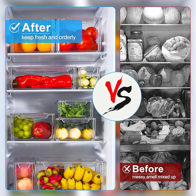 10-Pack Clear Fridge Organizer Containers with Lids, Stackable BPA-Free Refrigerator & Produce Storage Containers with Drain Tray & Anti-Slip Base for Fruits, Veggies & Drinks