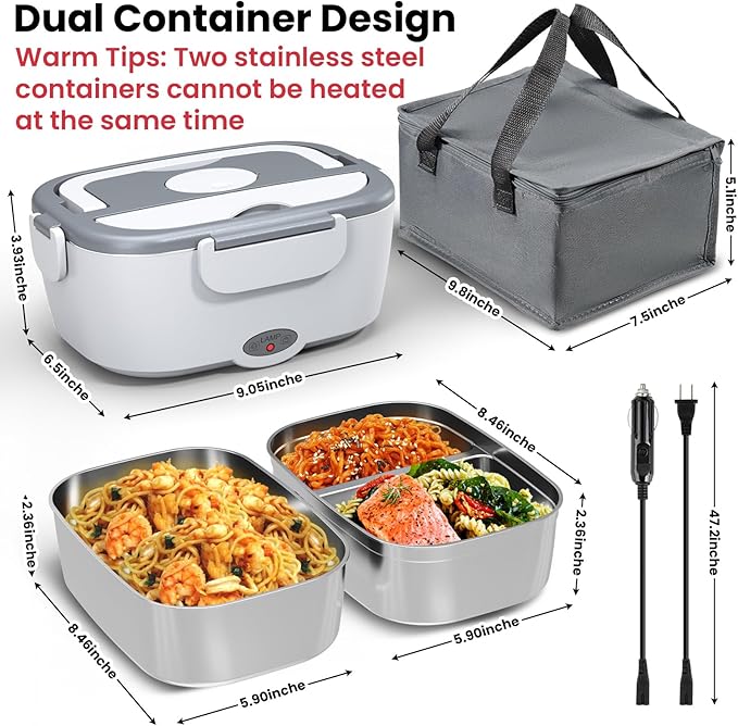 Heated Lunch Box for Men&Women - 80W Electric Lunch Box for Adults with Dual 1.5L 304 Stainless Steel Containers Fast Heating Portable Food Warmer for Car&Truck lonchera eléctrica portátil