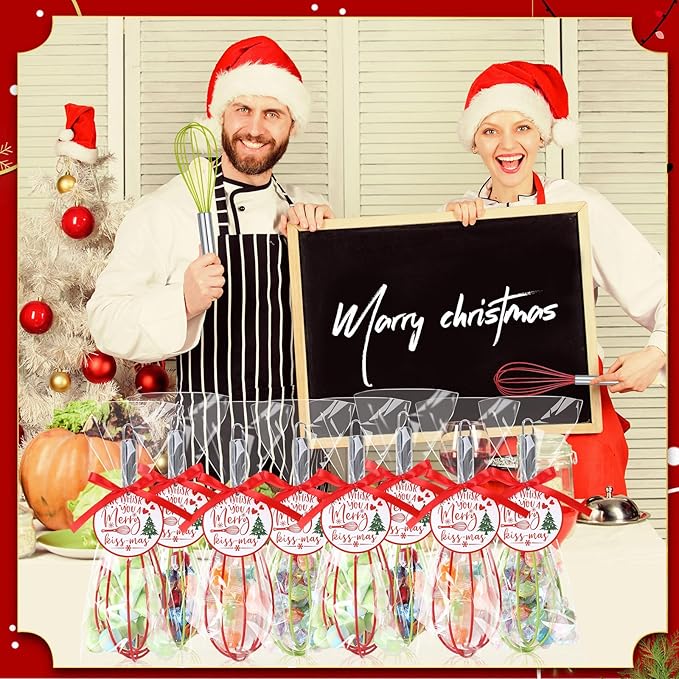 6 Sets 10 Inch Christmas Whisks Gifts DIY Fillable Christmas Tree Ornaments Xmas Colored Silicone Whisks for Cooking Heat Resistant Egg Beaters with Card Rope Bag for Candy Holder