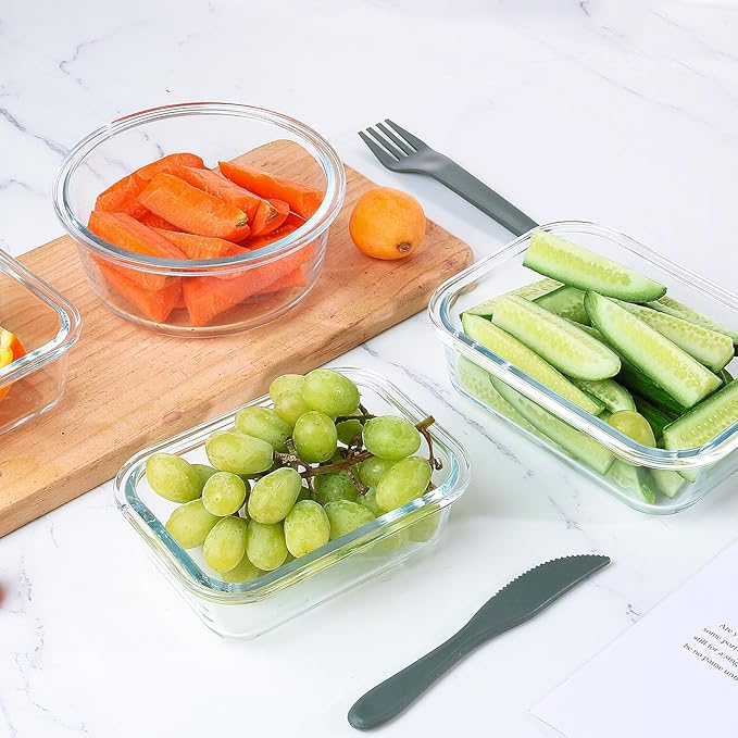 KOMUEE 24 Pieces Glass Food Storage Containers Set,Glass Meal Prep Containers-Stackable Airtight Glass Storage Containers with lids,Freezer, Microwave, Oven Safe,White