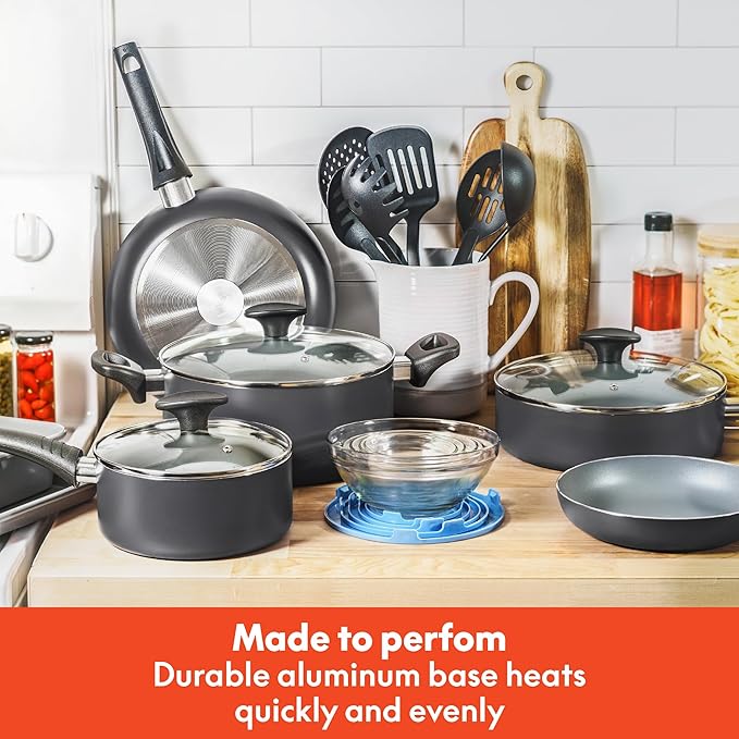 bella Cookware Set with Glass Lids with Nonstick, PFOA Free and Scratch Resistant Surface, Aluminum Bakeware, Pots and Pans, Storage Bowls & Utensils, Compatible with All Stovetops, 21 Piece, Gray