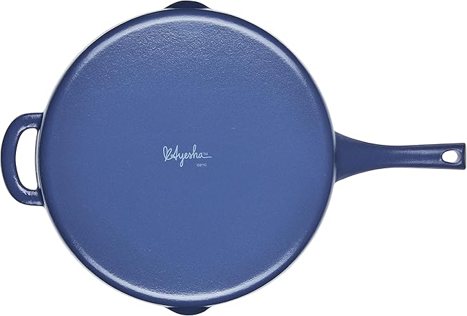 Ayesha Curry Kitchenware Enameled Cast Iron Skillet/Frying Pan with Helper Handle and Pour Spouts, 12 Inch - Anchor Blue