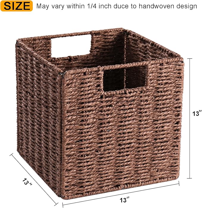Vagusicc Wicker Storage Basket, Set of 2 Hand-Woven Storage Baskets for Shelves with Handles, Foldable Cube Storage Baskets Bins Organizer, 13 inch Large Wicker Baskets for Pantry Bedroom Decor, Brown